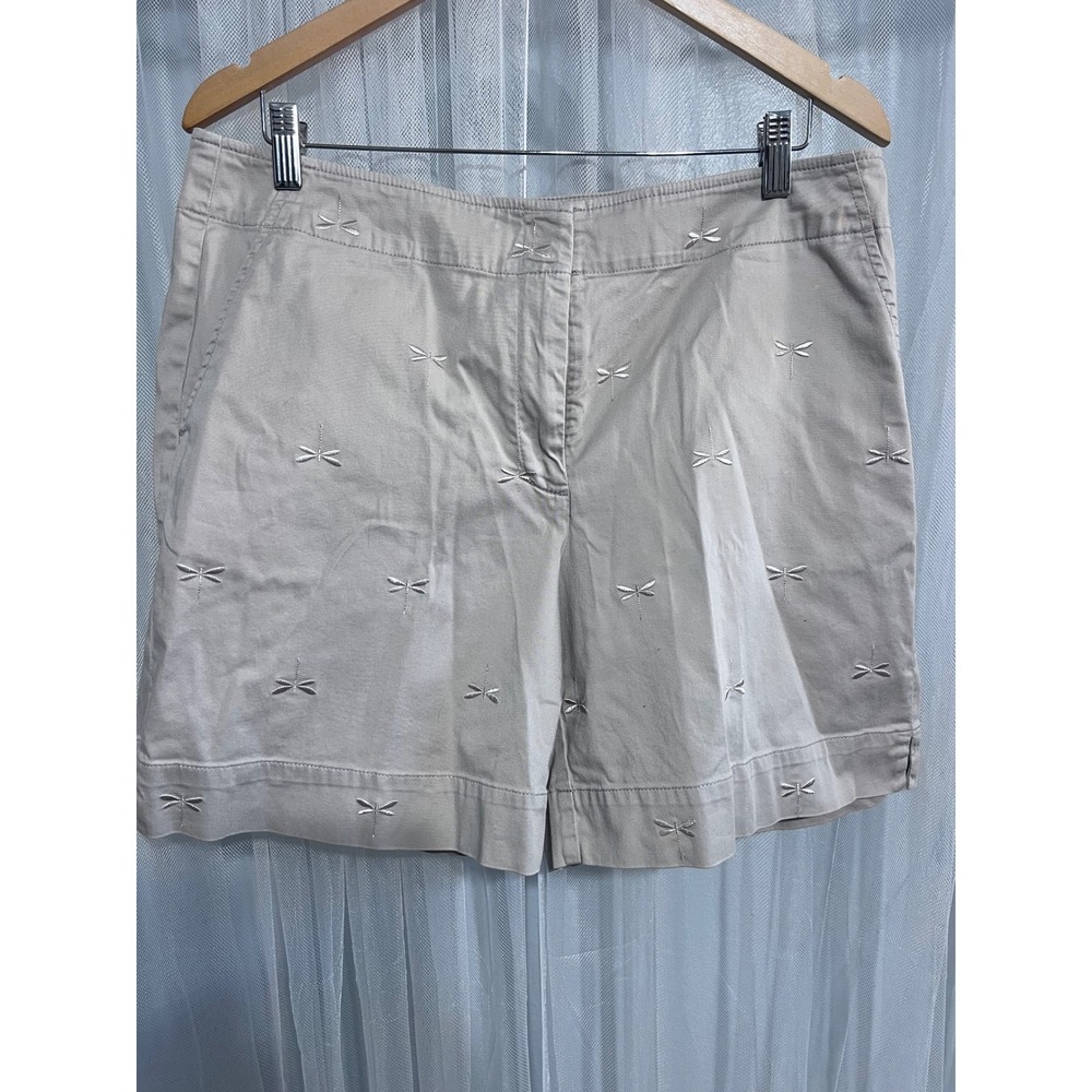 Talbots Womens 14 Khaki‎ Tan Dragonfly Embroidered Stretch Chino Shorts Mid Rise
